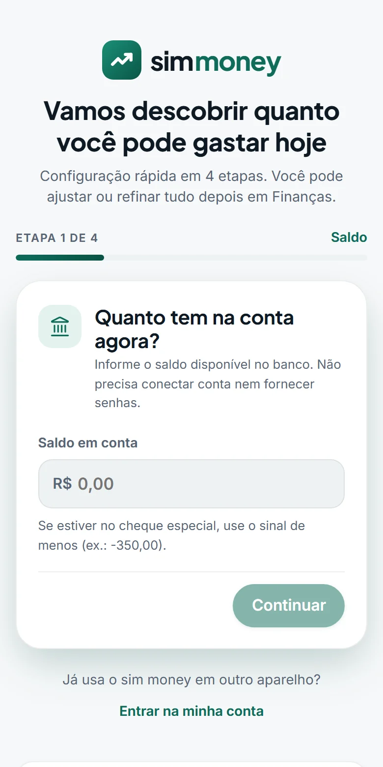 Primeira tela do SimMoney